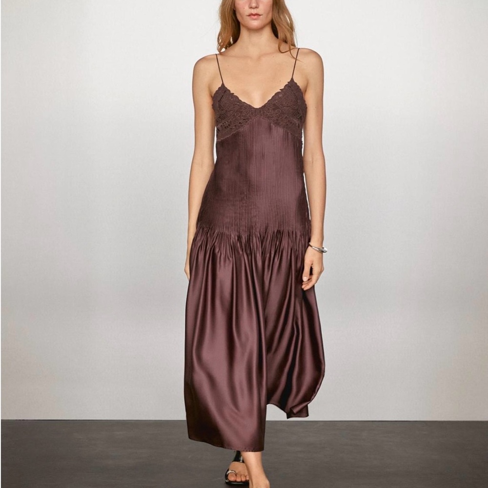 Massimo Dutti Flowing Satin Mini Dress Burgundy